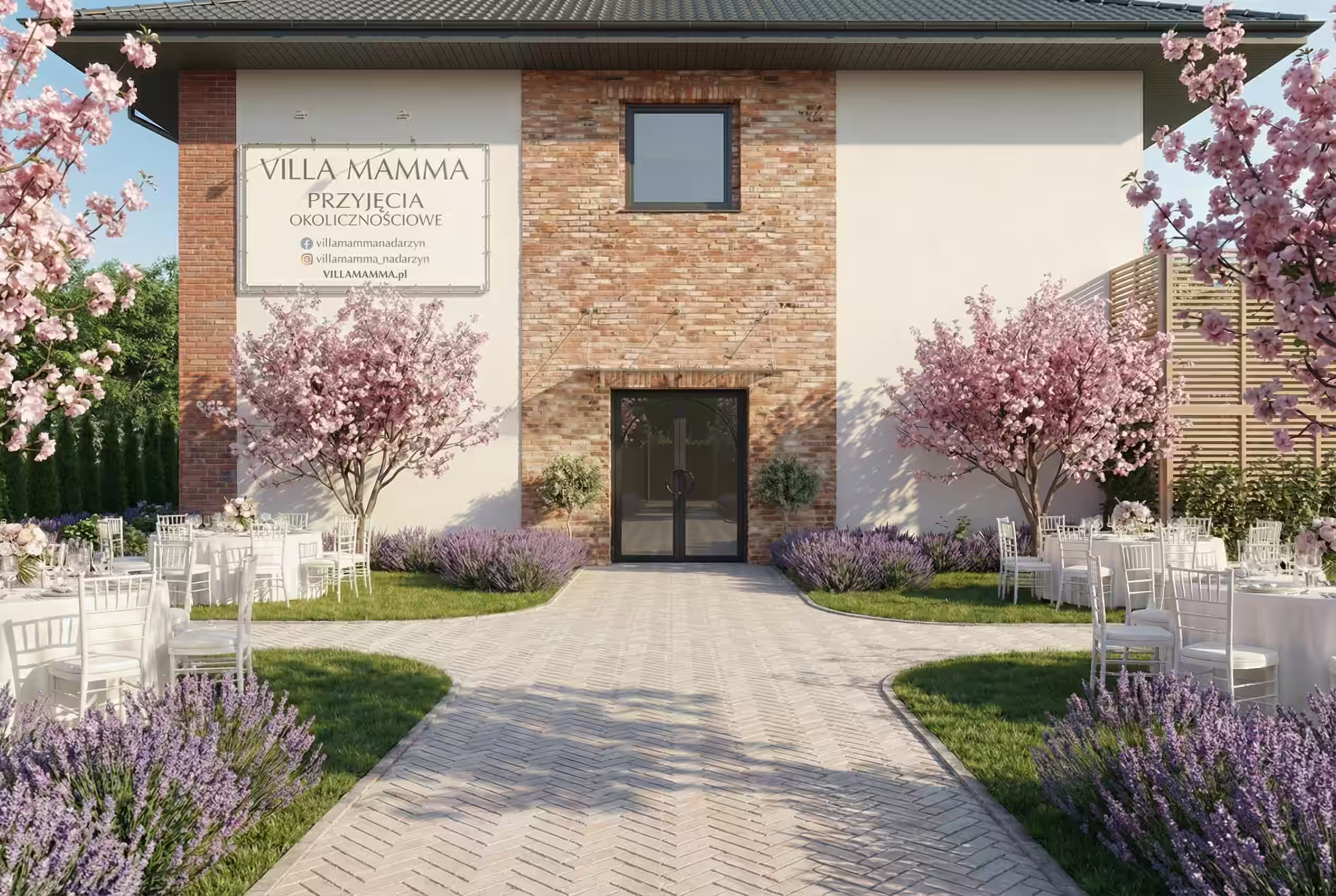 Ogród weselny 800m² – sesja zdjęciowa ślubna pod Warszawą · lawenda i kwitnące wiśnie